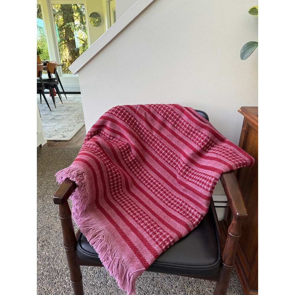 Woolen Mill Store.   Raspberry striped Throw Blanket - Picture 4 of 8